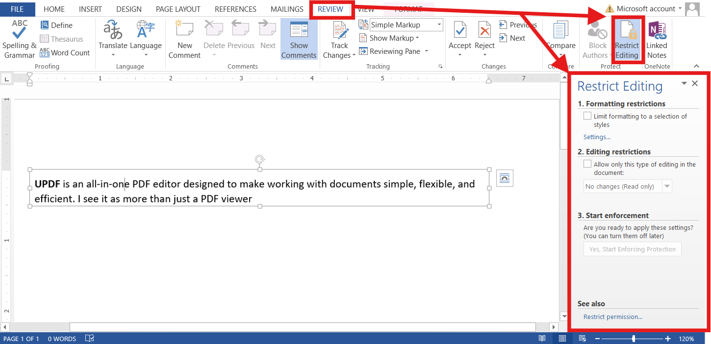 Setting the Restrict Editing Option in the Review Menu