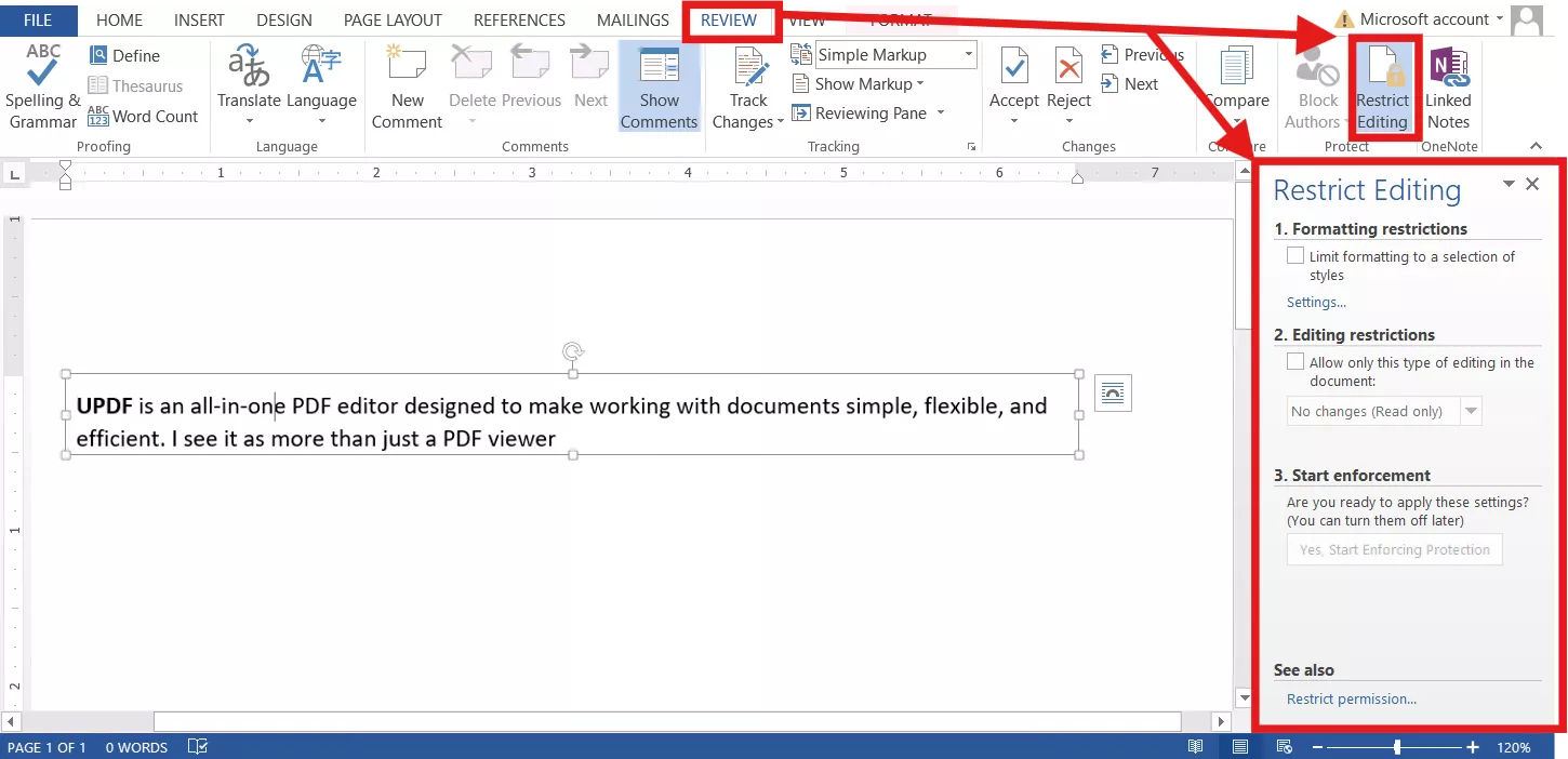 Setting the Restrict Editing Option in the Review Menu