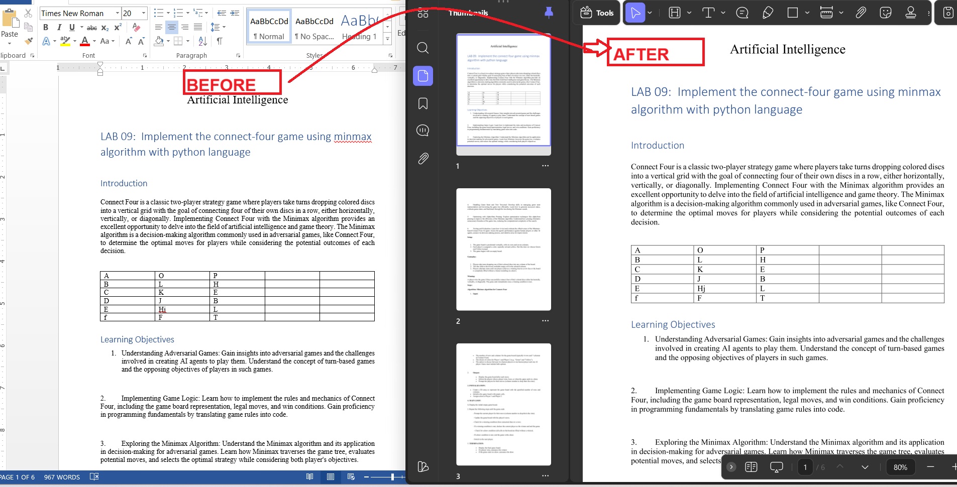 Side-by-side comparison of Word document and converted PDF showing identical formatting