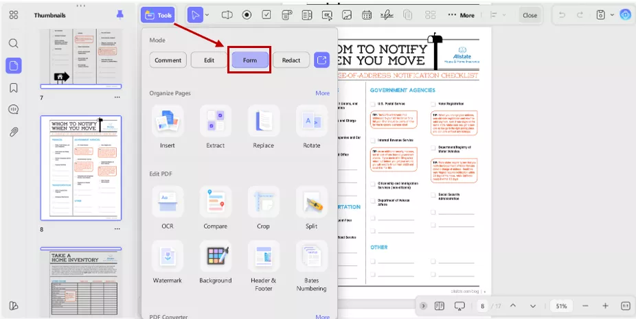 switching to form mode in updf