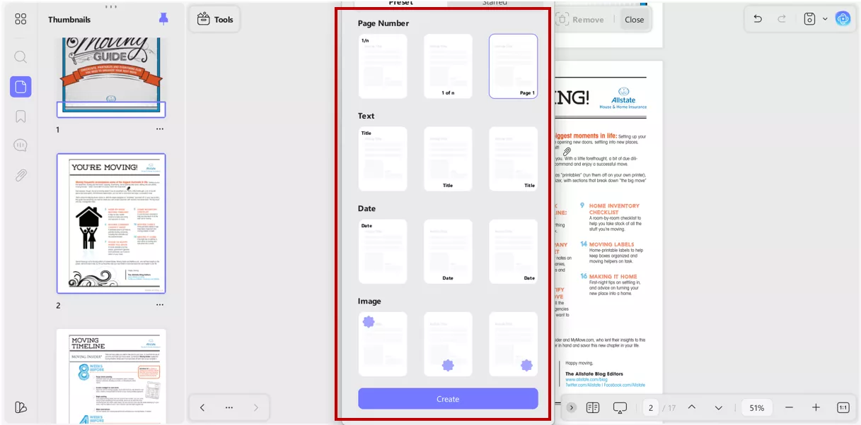 updf header and footer feature