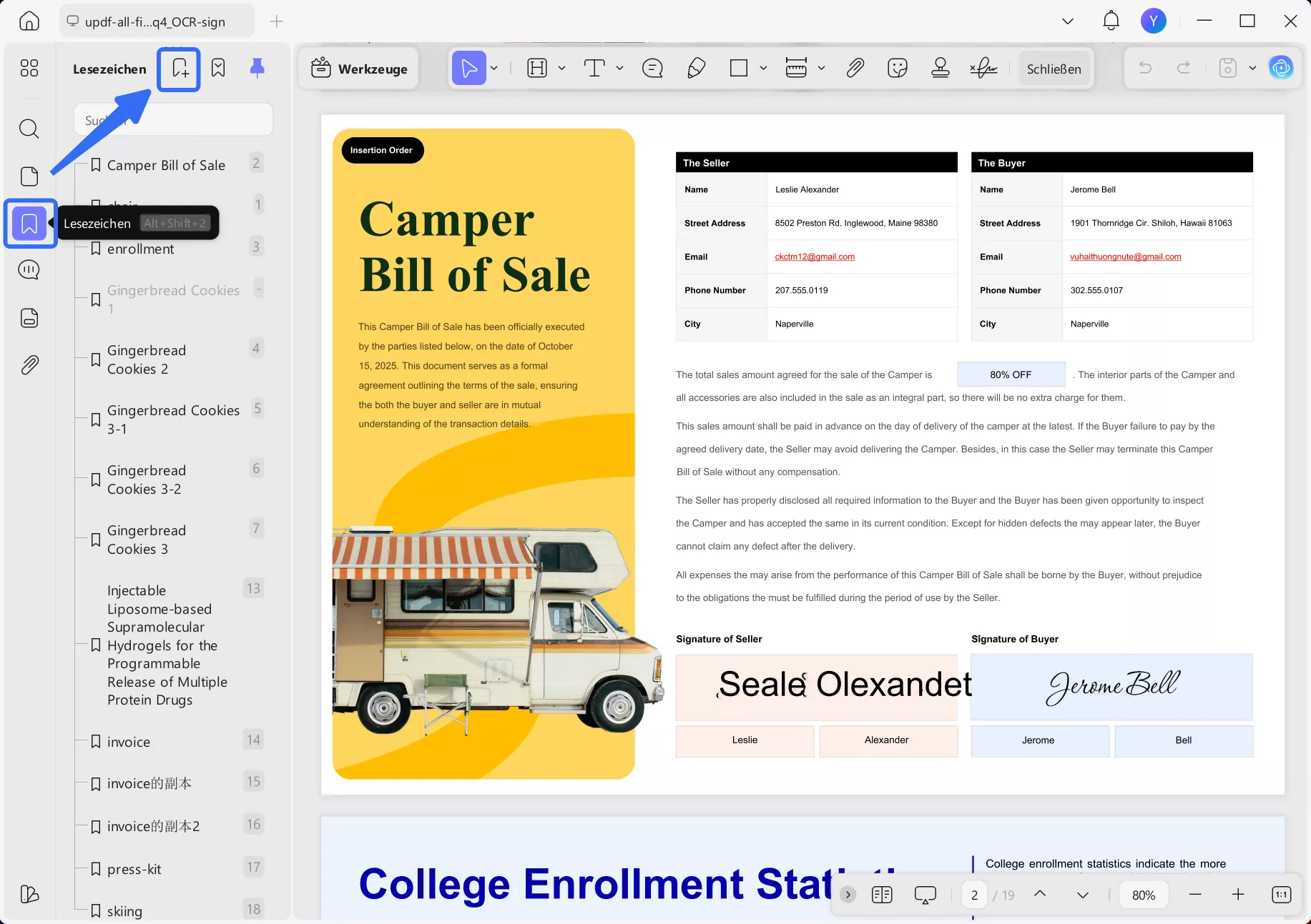Optionen zum Hinzufügen von Lesezeichen in PDF