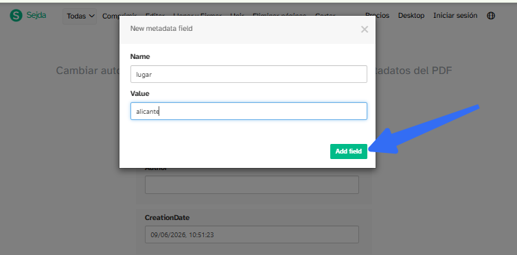 añadir metadatos personalizados de PDF en sejda