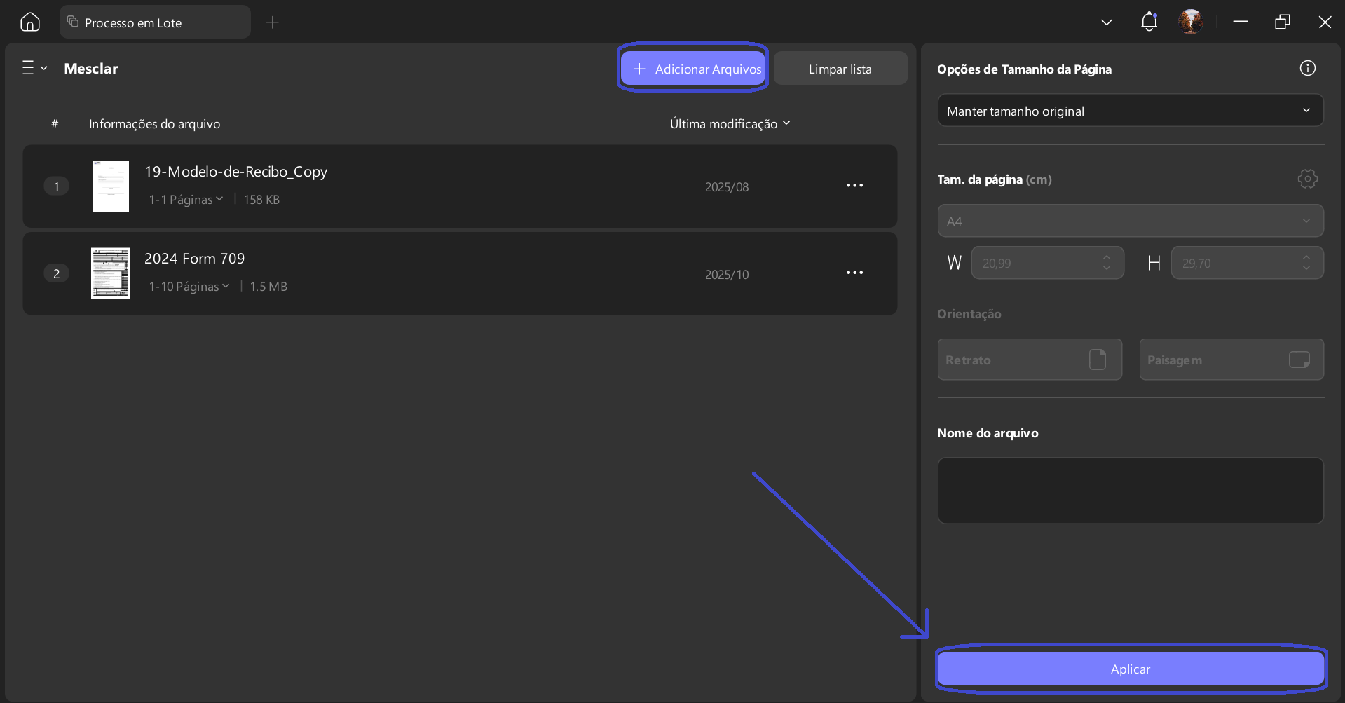 adicionar arquivos para prosseguir