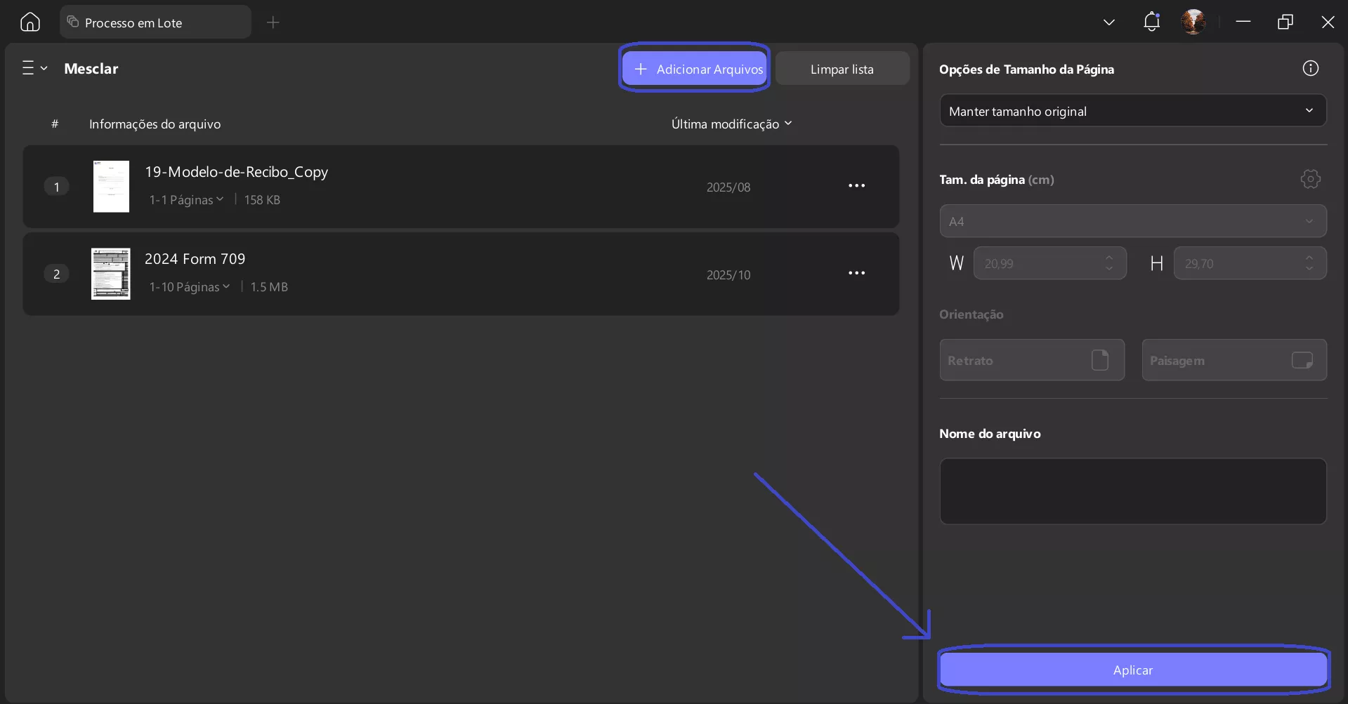adicionar arquivos para prosseguir