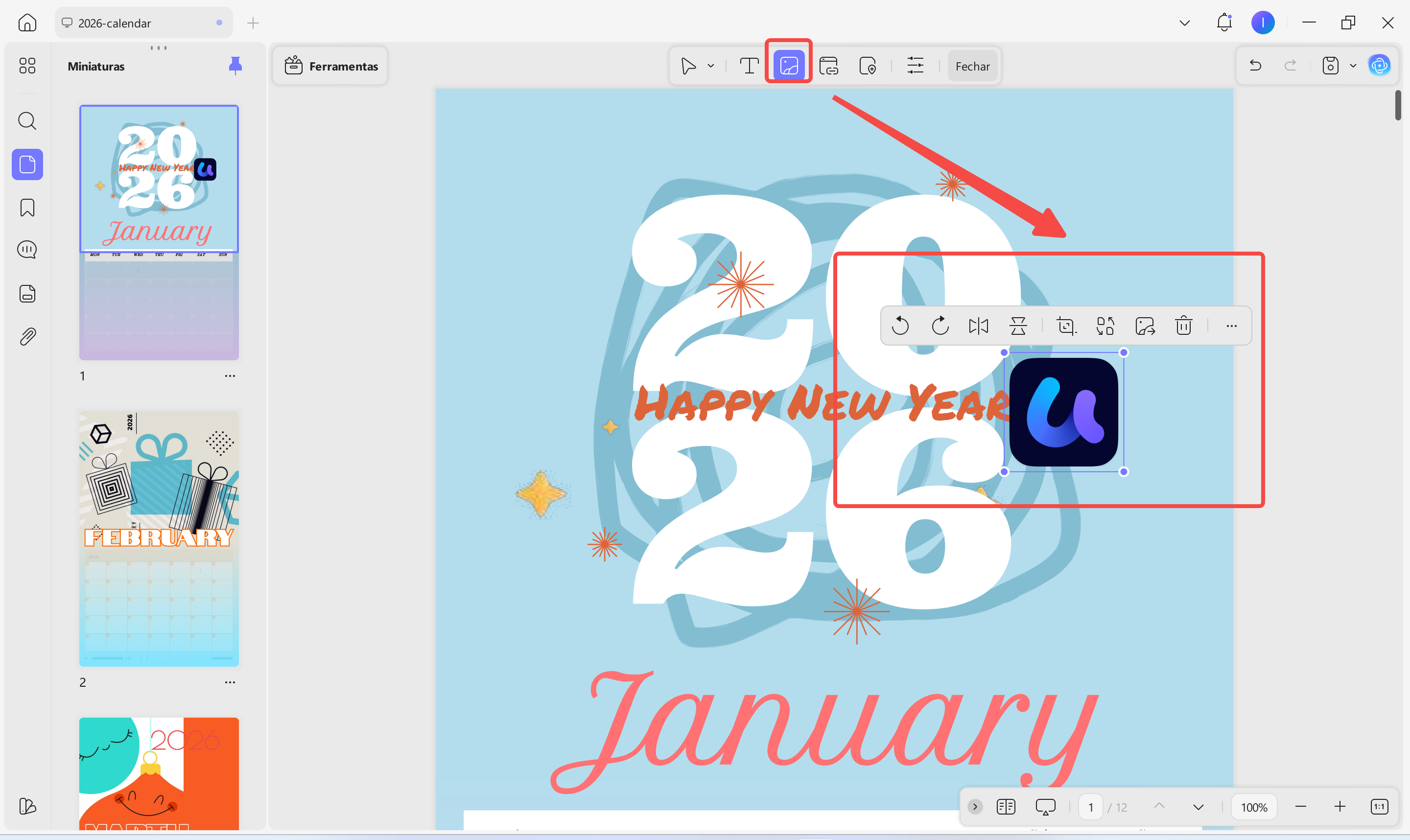 Insira imagens para tornar o modelo do planejador em PDF 2026