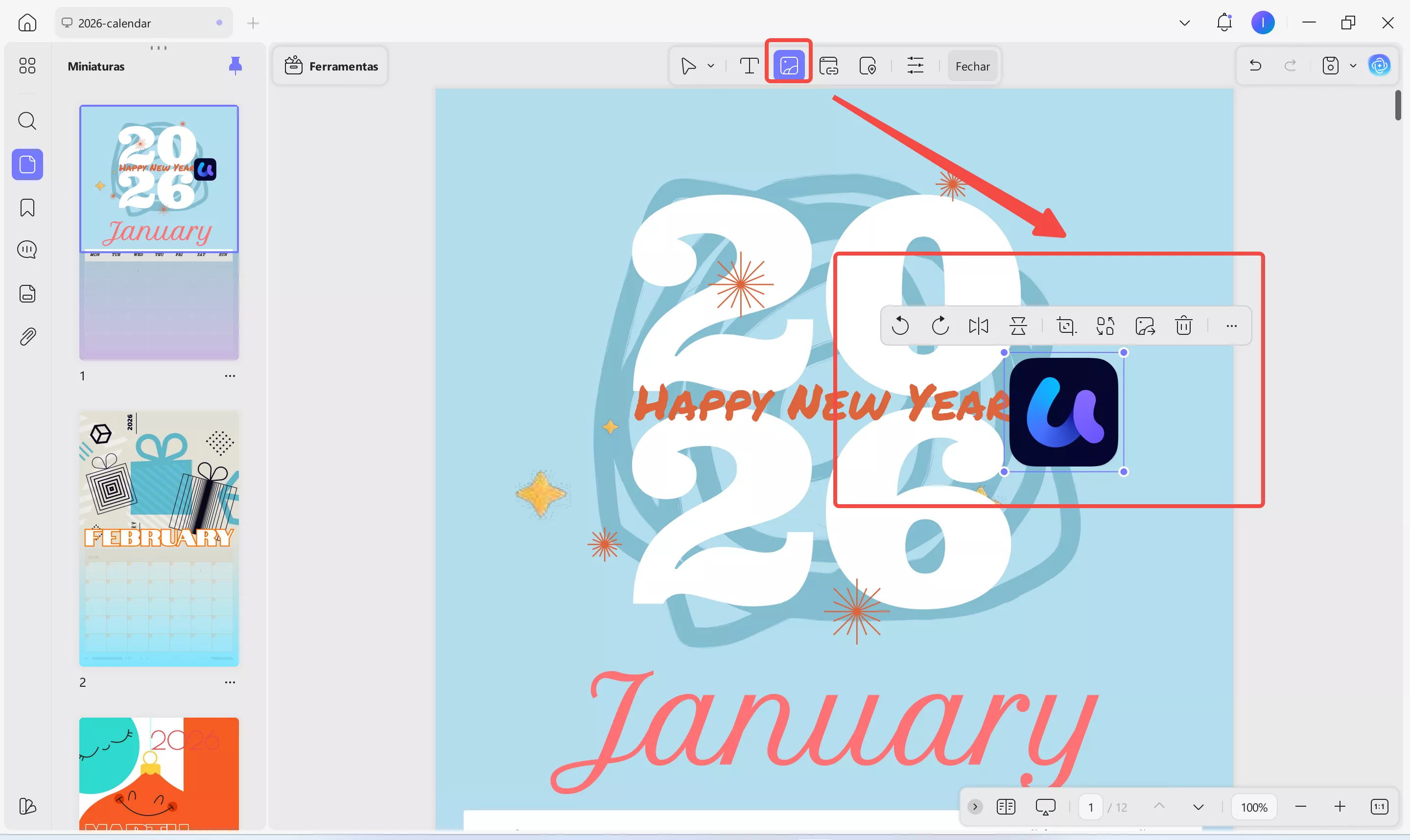 Insira imagens para tornar o modelo do planejador em PDF 2026
