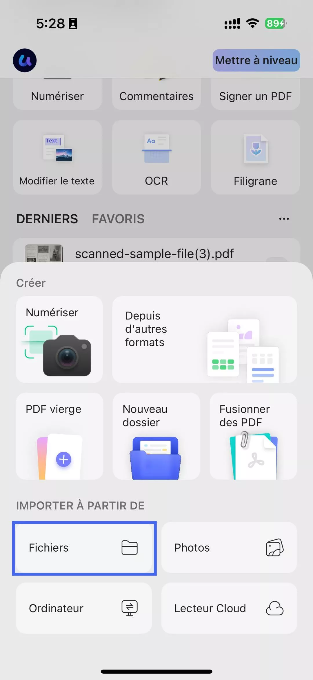 fichier d'importation updf