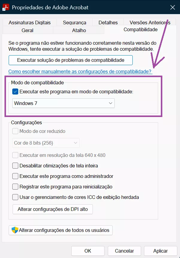 ativar o modo de compatibilidade para o windows 7