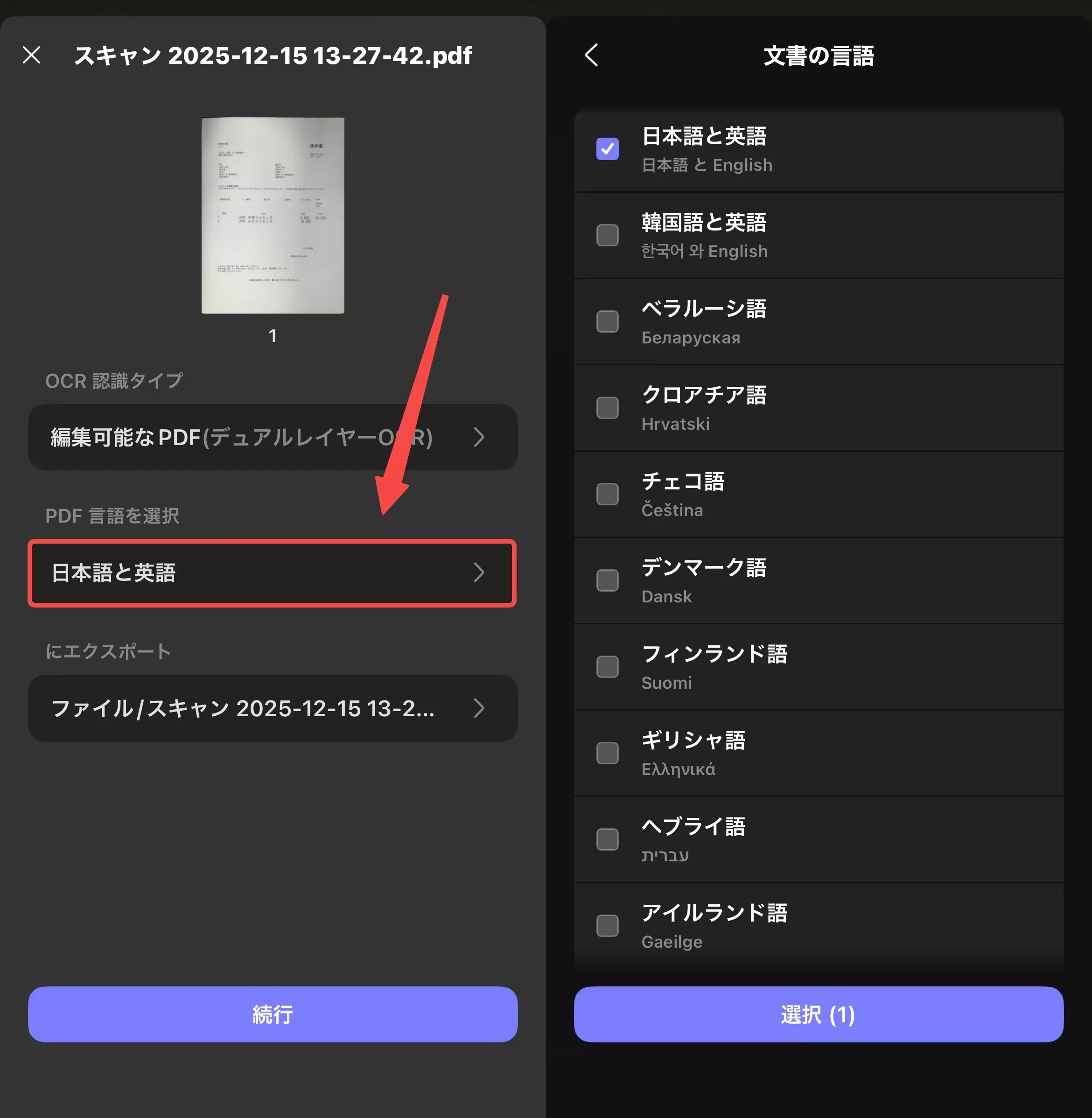 文書の言語を選択する