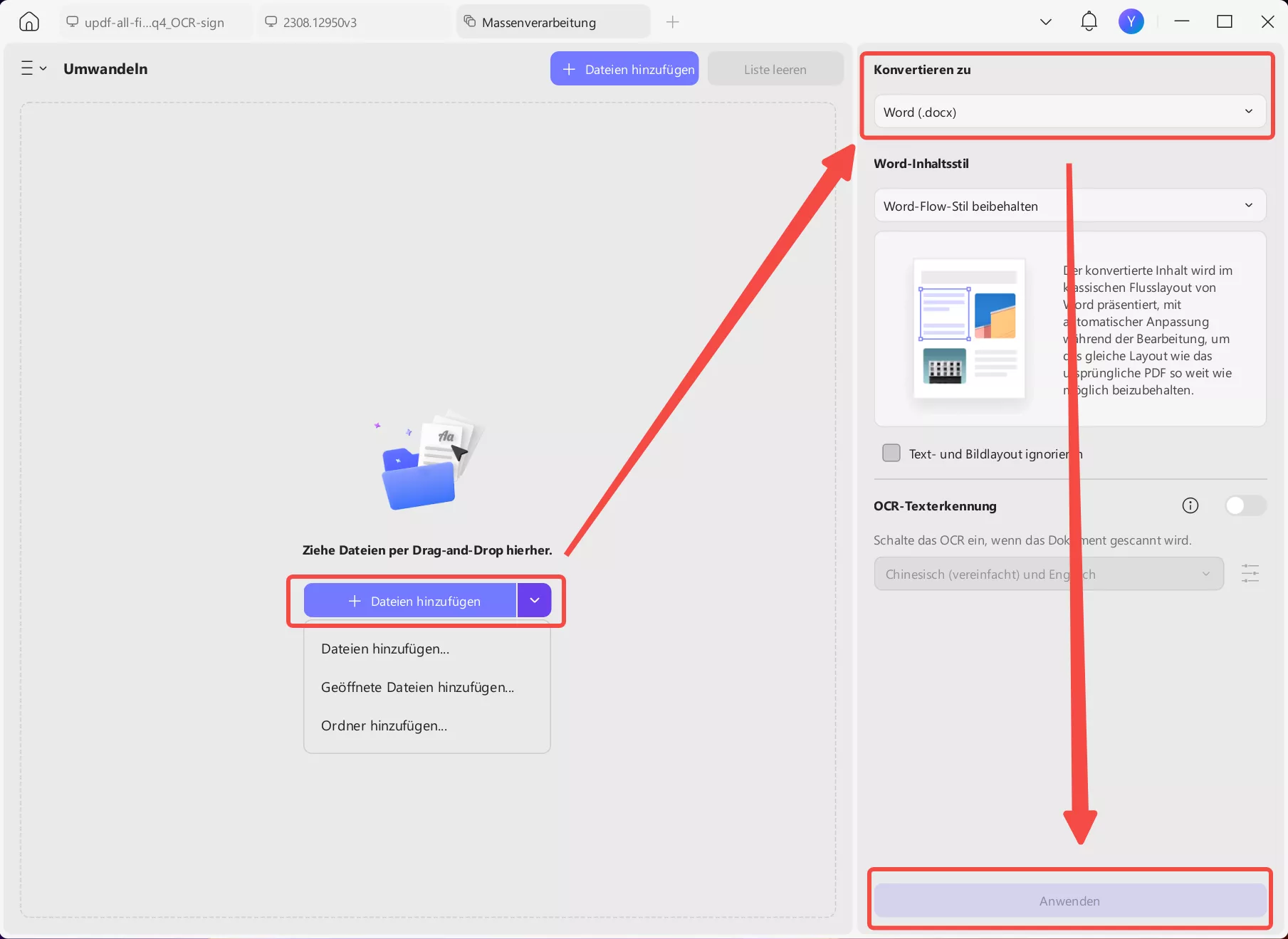PDF-Dateien stapelweise in Word konvertieren updf Windows