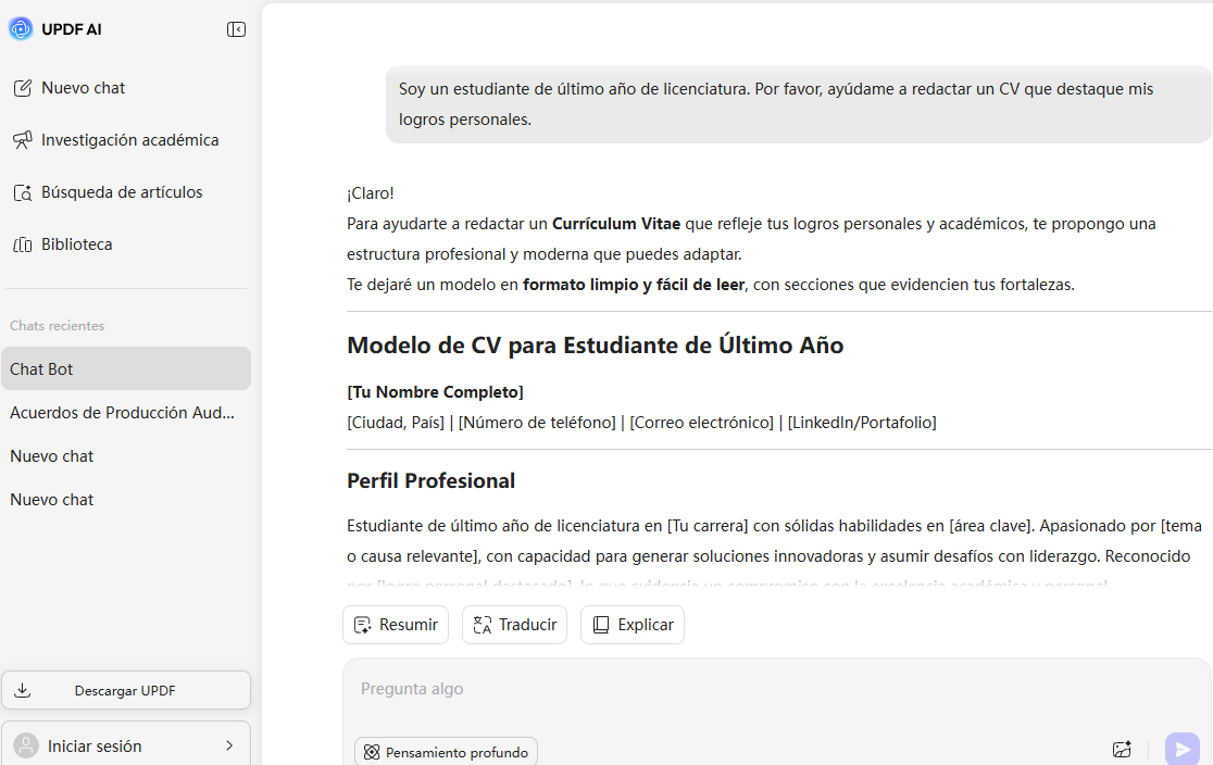 Interfaz del generador de viñetas para currículum
