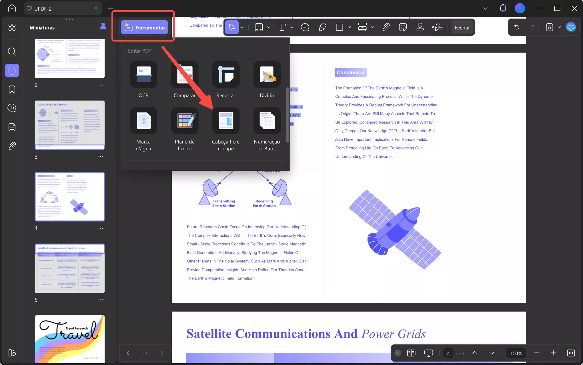 cabeçalho e rodapé no updf