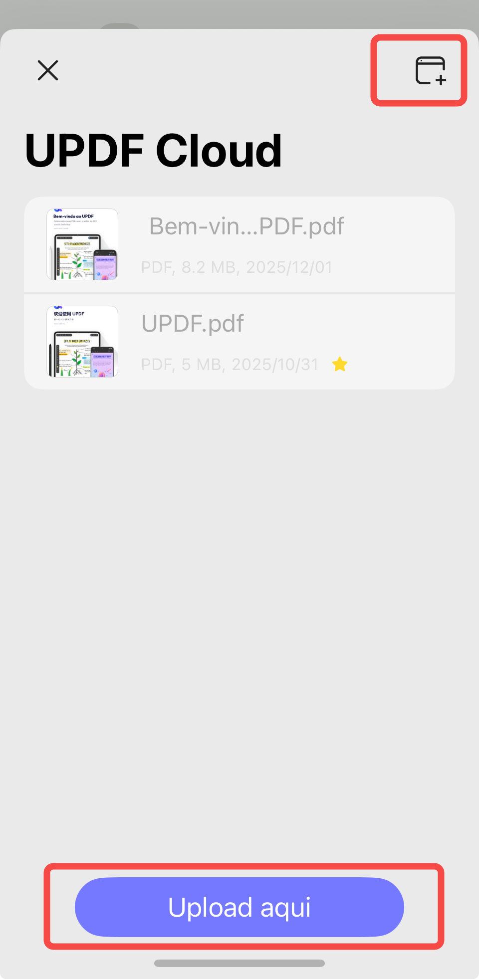 carregar arquivos no updf cloud