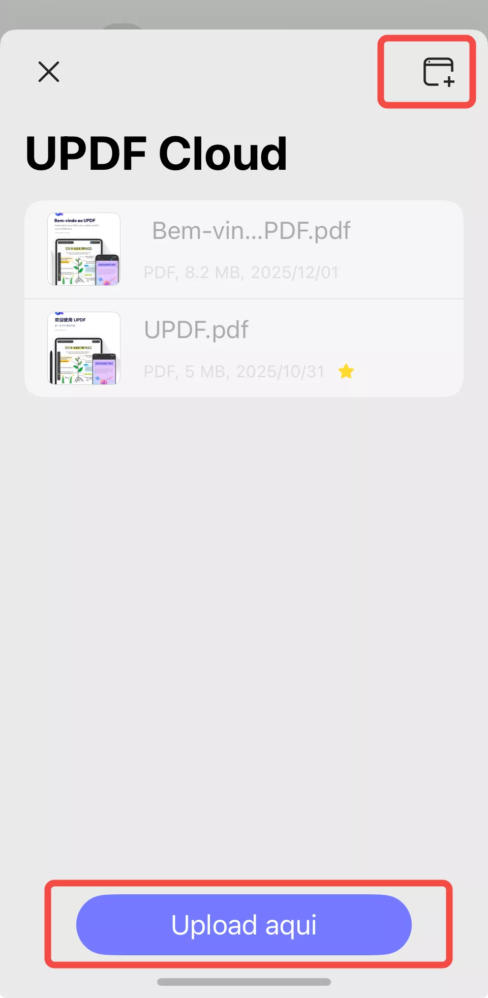 carregar arquivos no updf cloud