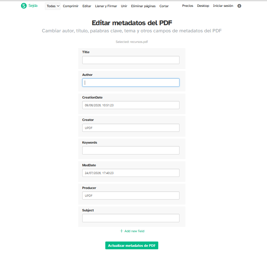 cambiar metadatos en sejda escribiendo los contenidos