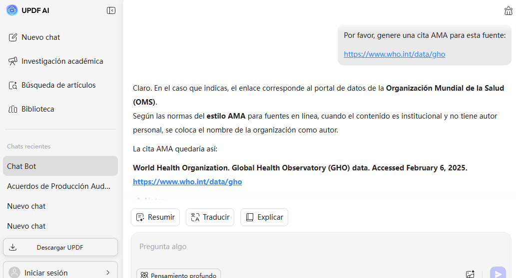 Ejemplo de cita AMA para recursos en línea