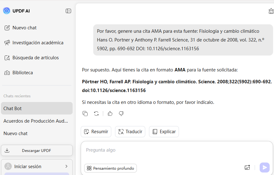 Interfaz del generador de citas AMA con IA
