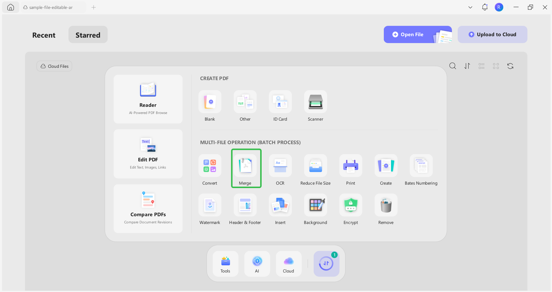 خيارات الأدوات (Tools) المتاحة، اختر ميزة الدمج (Merge)