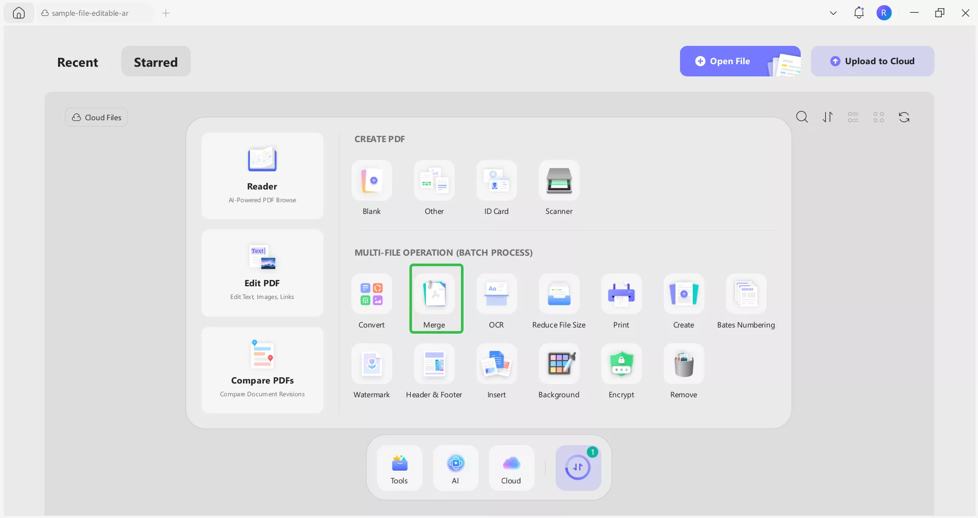خيارات الأدوات (Tools) المتاحة، اختر ميزة الدمج (Merge)