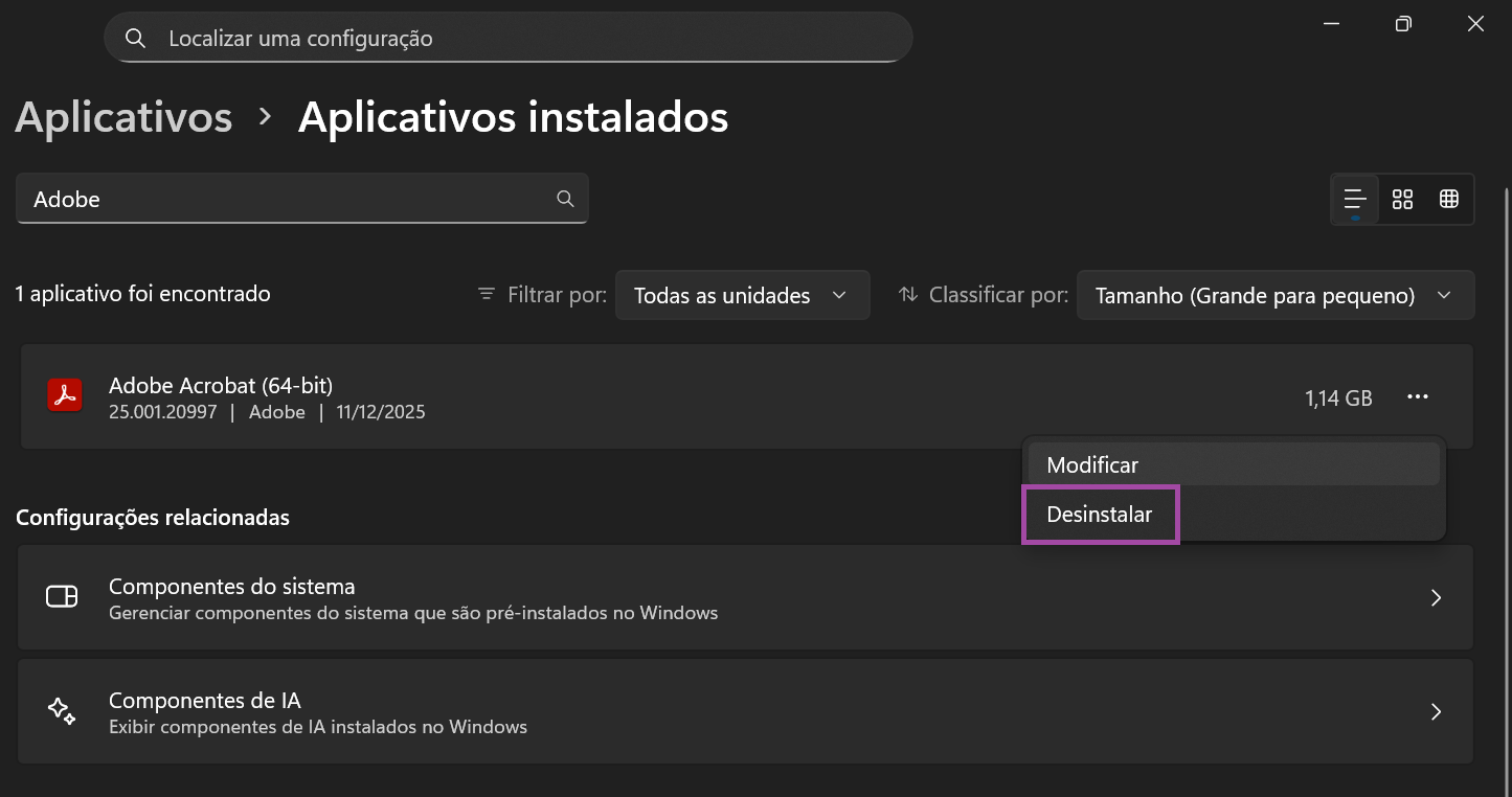 clique em “desinstalar”