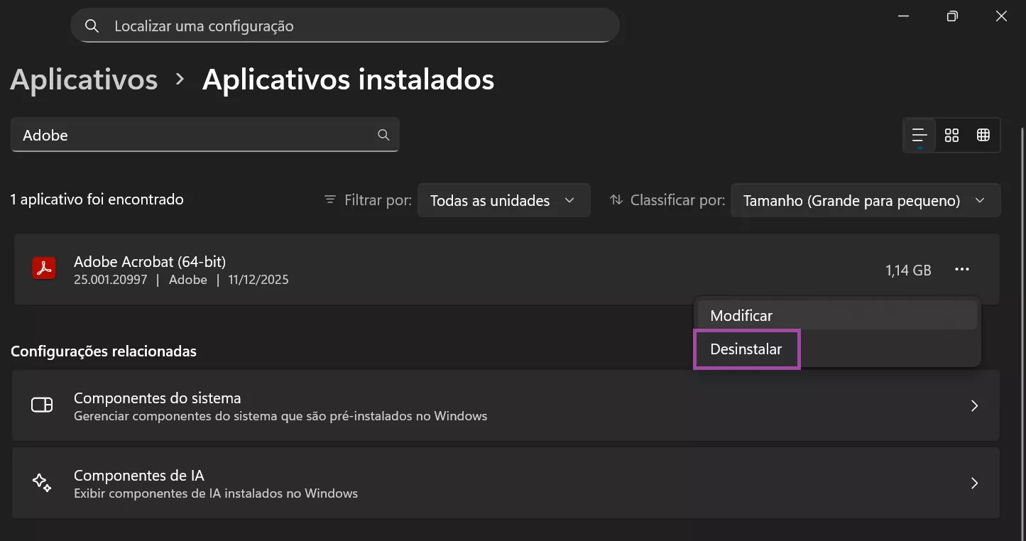 clique em “desinstalar”