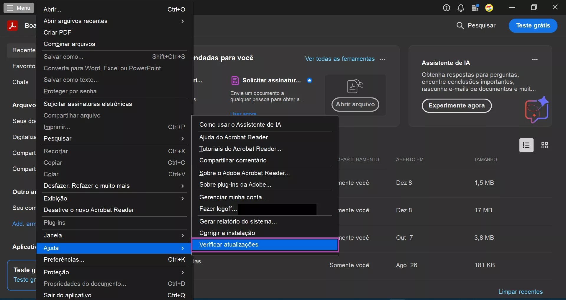 clique em “verificar atualizações”