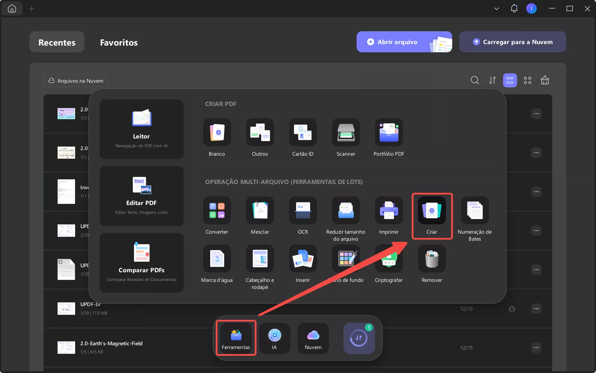 selecione a opção ‘criar’ nas ferramentas
