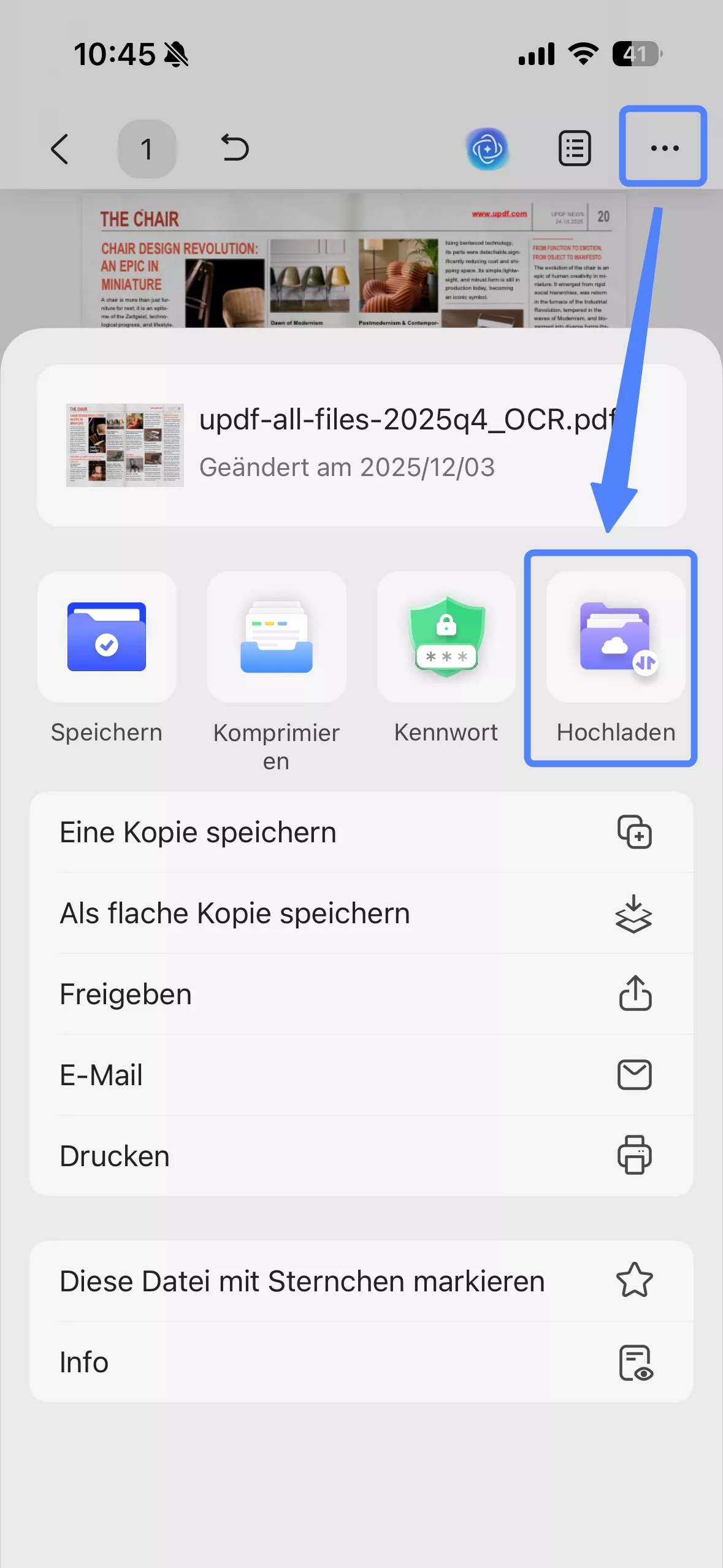 Hochladen über das Drei-Punkte-Menü der Datei