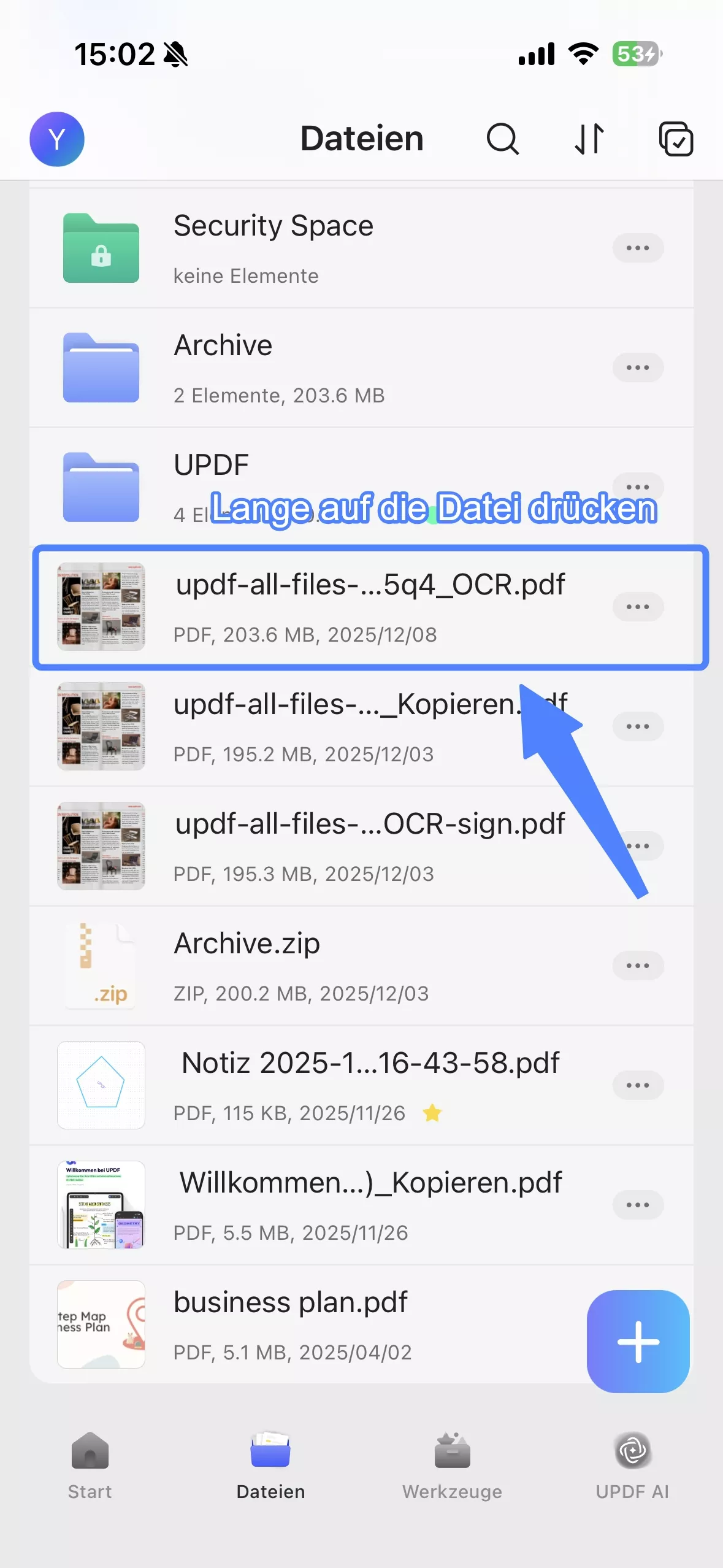 Datei zum Hochladen lange antippen