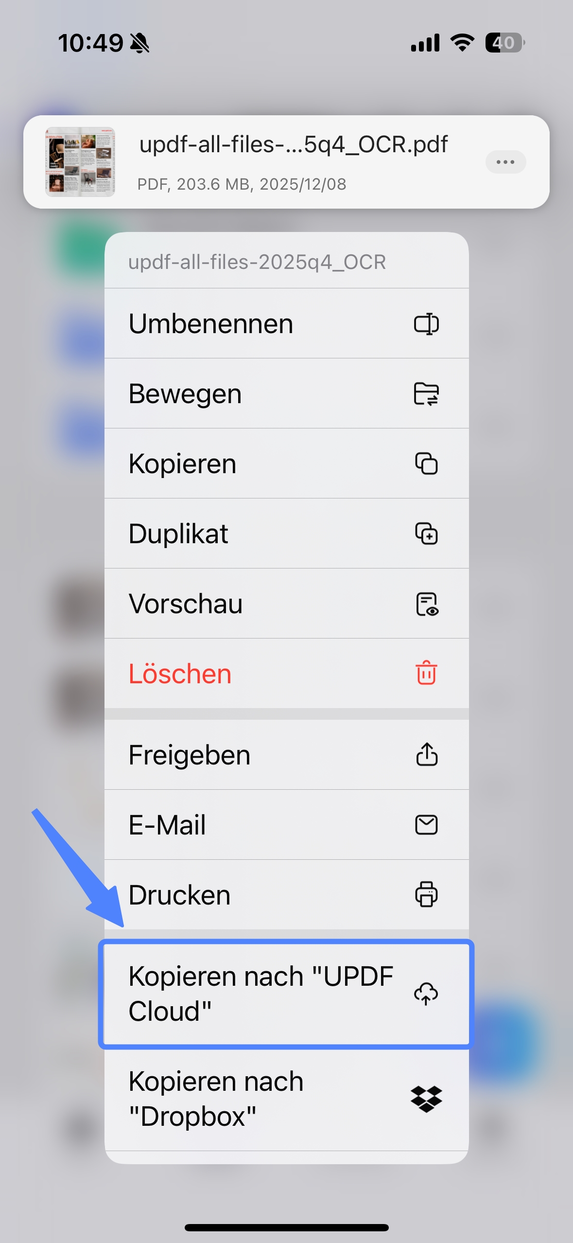 Datei zum Hochladen lange antippen
