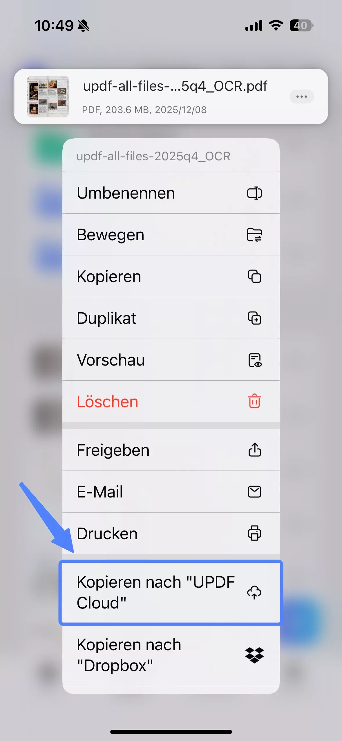 Datei zum Hochladen lange antippen