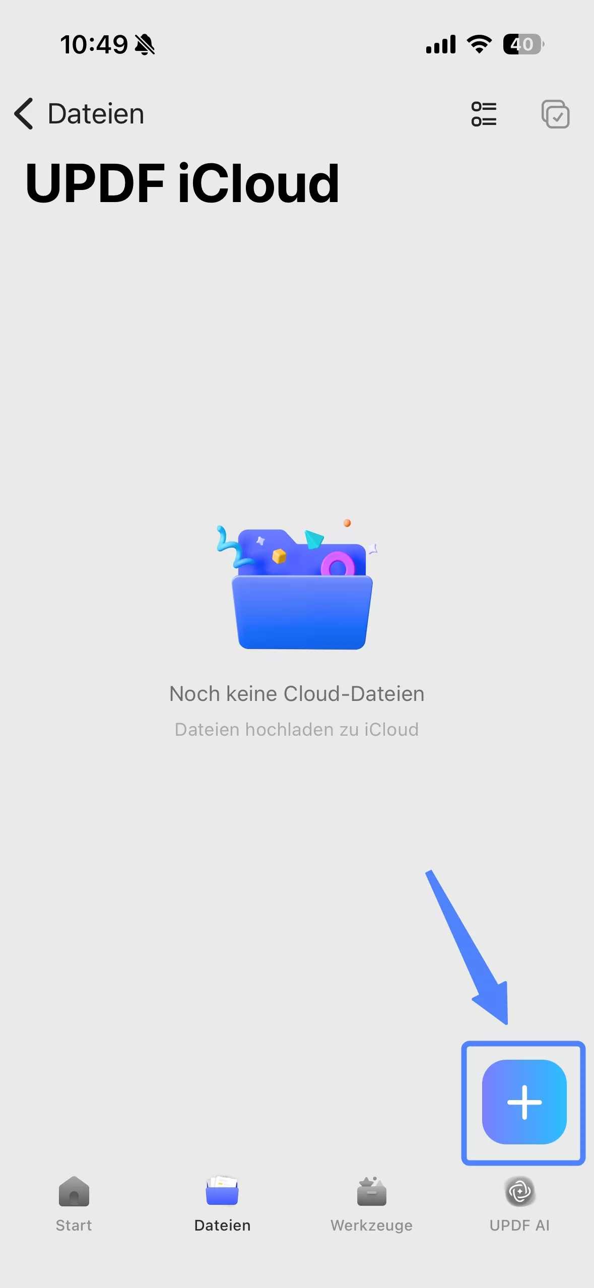 Tippen Sie in der UPDF iCloud-Oberfläche auf die Schaltfläche "+" 