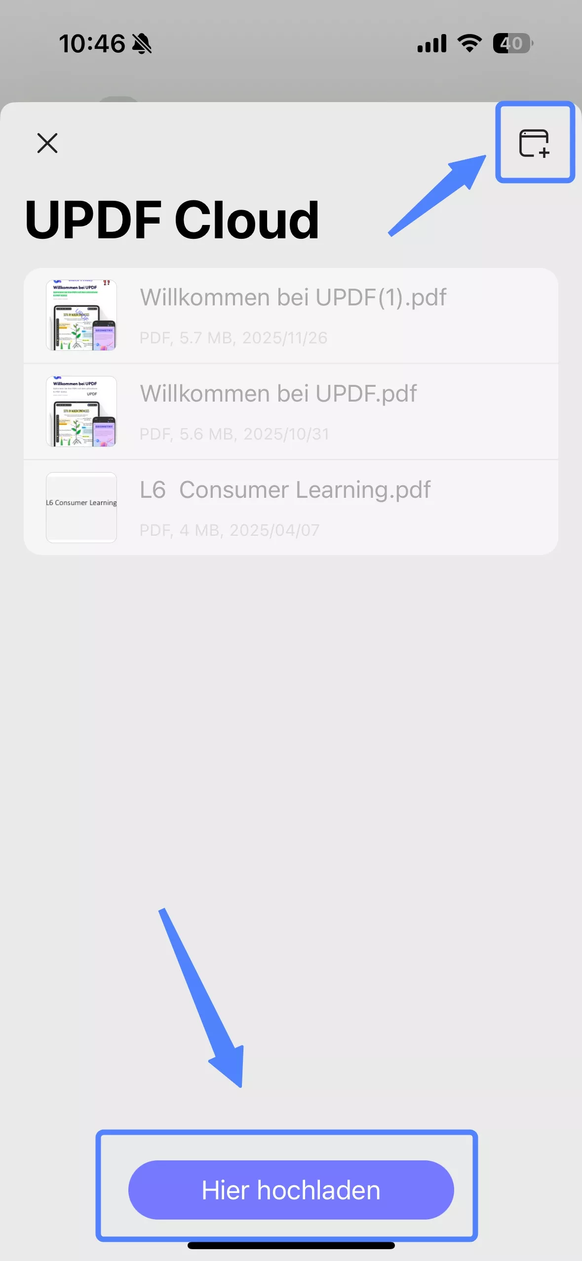 Hochladen über das Drei-Punkte-Menü der Datei