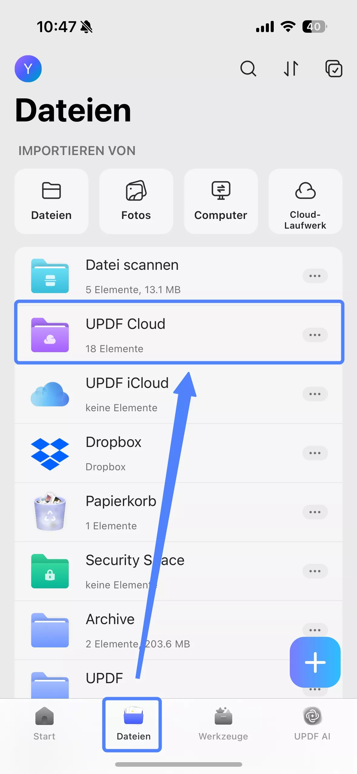 Hochladen aus dem UPDF-Dateienbereich