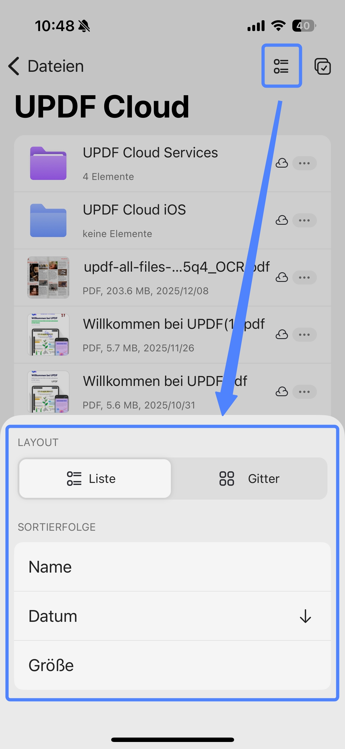 updf Cloud-Layout-Einstellungen