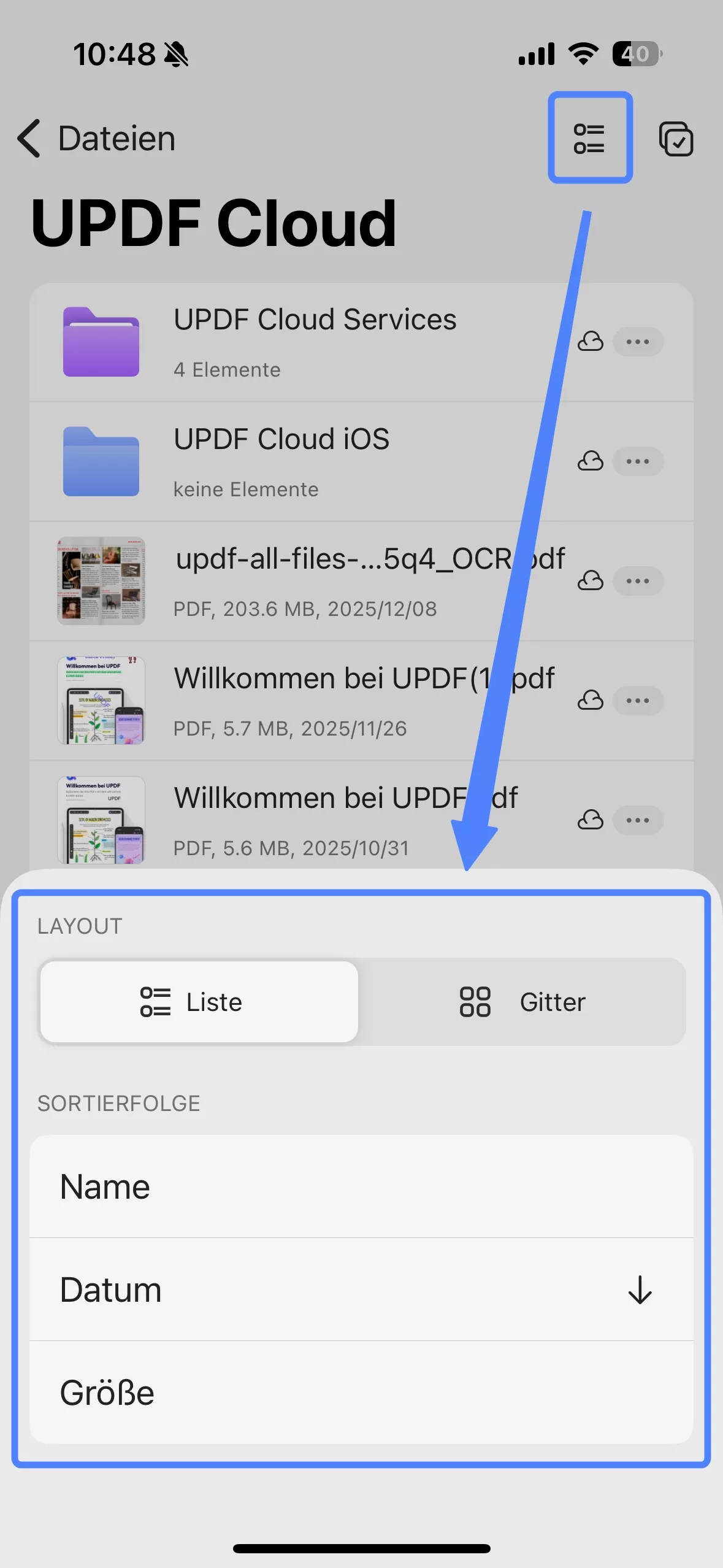 updf Cloud-Layout-Einstellungen