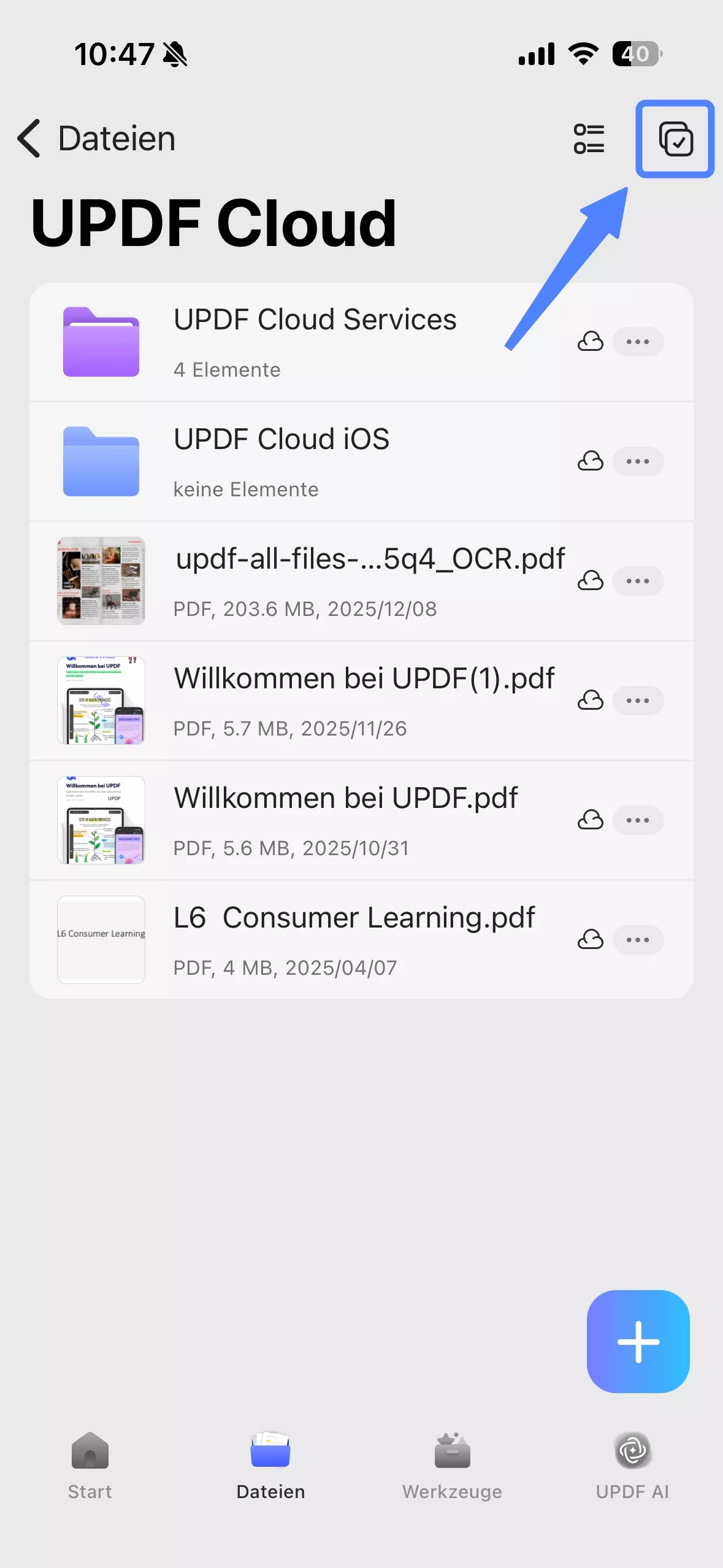 Dateien oder Ordner in der updf-Cloud auswählen