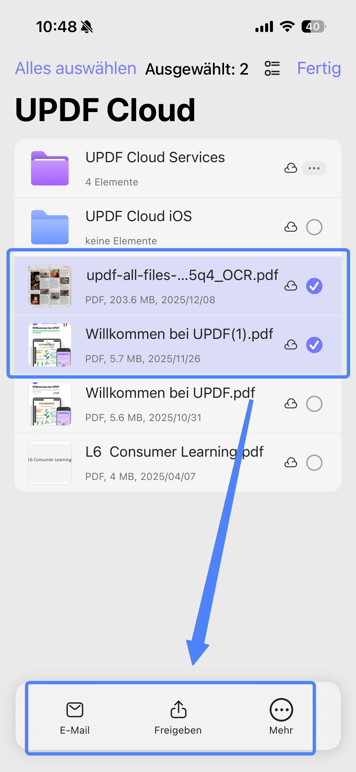 Dateien oder Ordner in der updf-Cloud auswählen