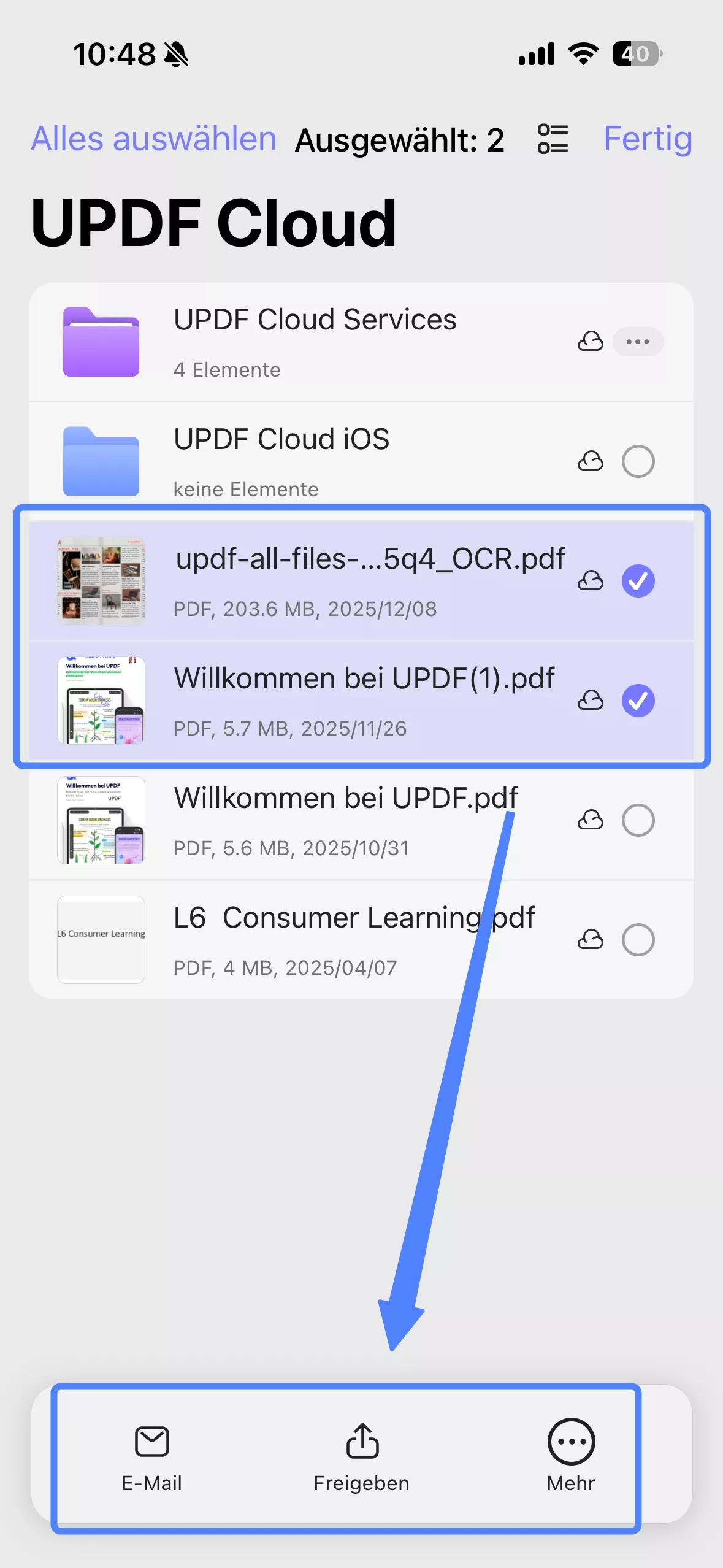 Dateien oder Ordner in der updf-Cloud auswählen