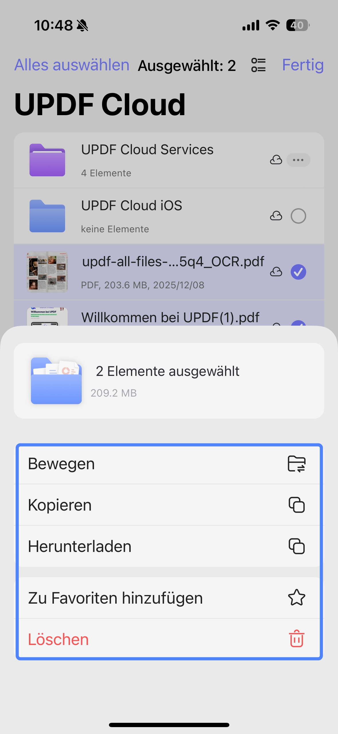 Weitere Optionen in der updf-Cloud