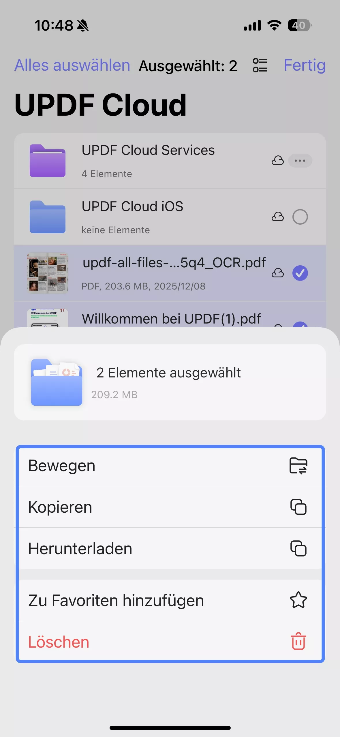Weitere Optionen in der updf-Cloud