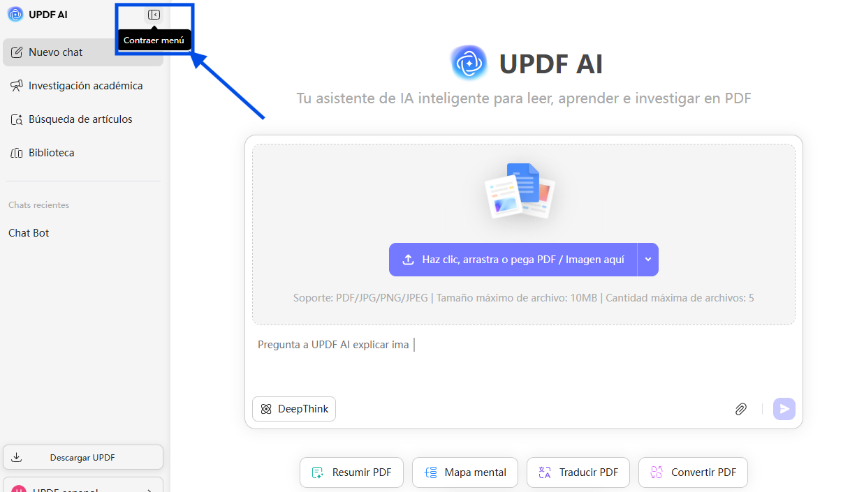 contraer o expandir barra de navegación updf ai online