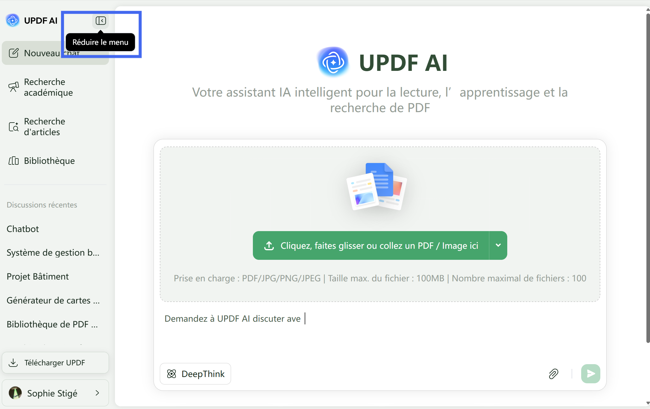 réduire ou déployer la barre de navigation updf ai online