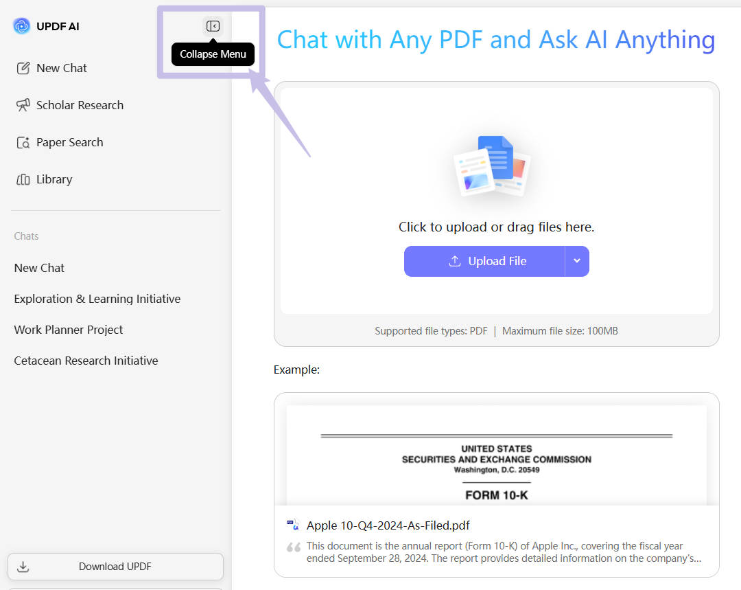 collapse or expand navigation bar updf ai online