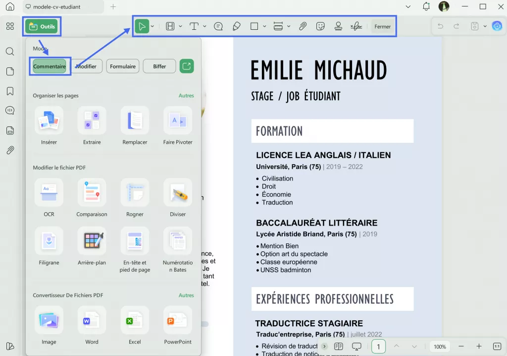 Commentaire utilisant UPDF pour personnaliser le modèle d'offres d'emploi dans les écoles de métiers