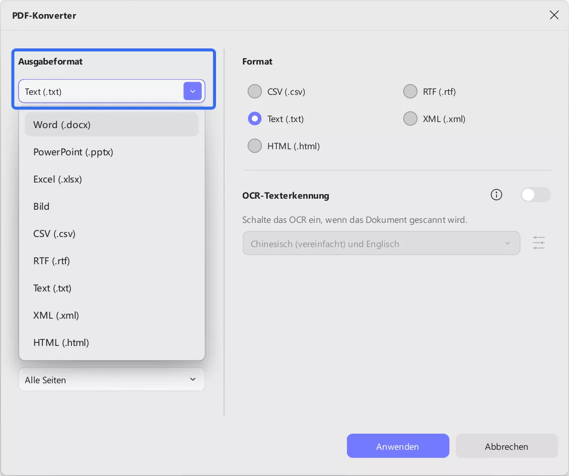 Wählen Sie das Wort- oder Textformat aus der Liste in UPDF aus.
