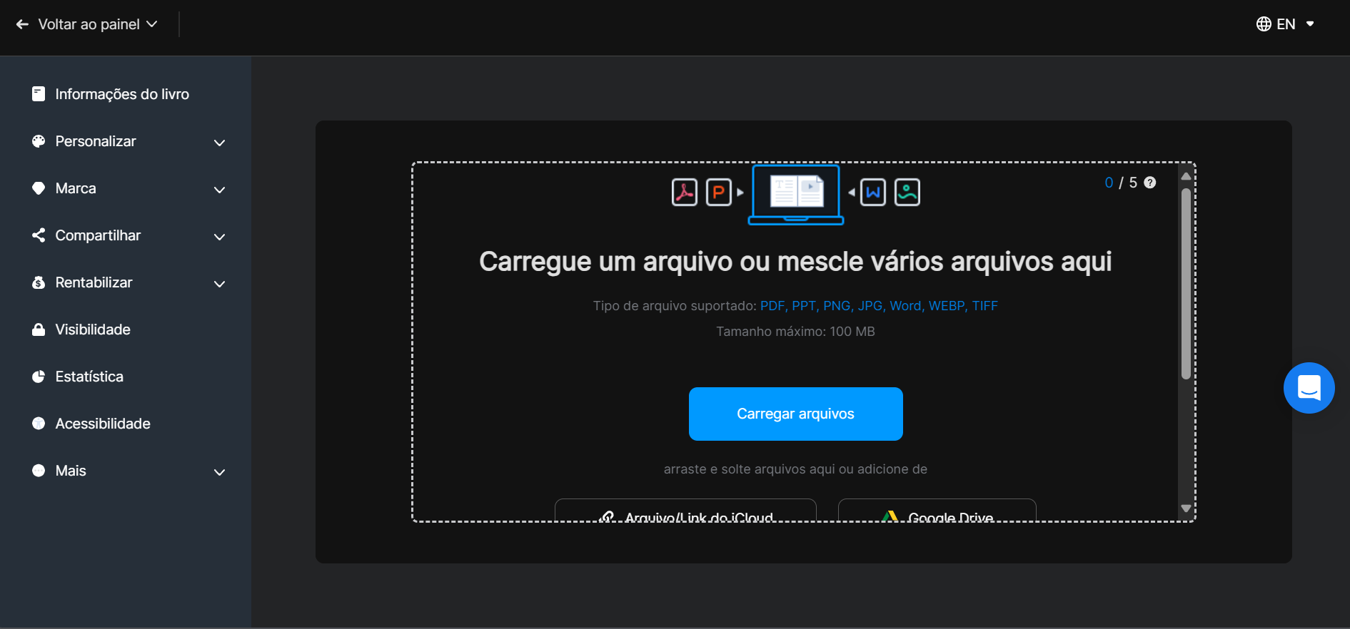 carregue um arquivo ou mescle varios arquivos em fliphtml5