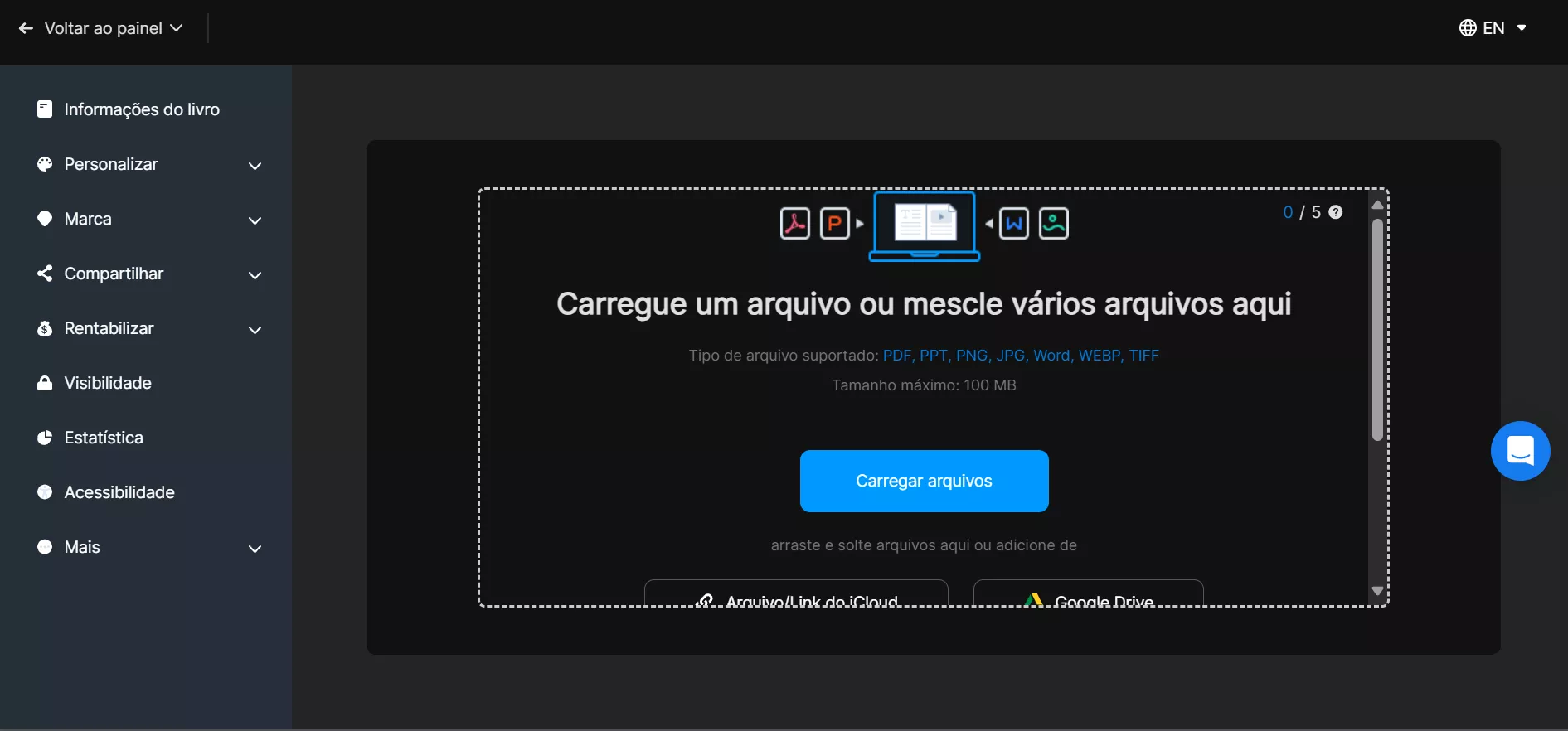 carregue um arquivo ou mescle varios arquivos em fliphtml5