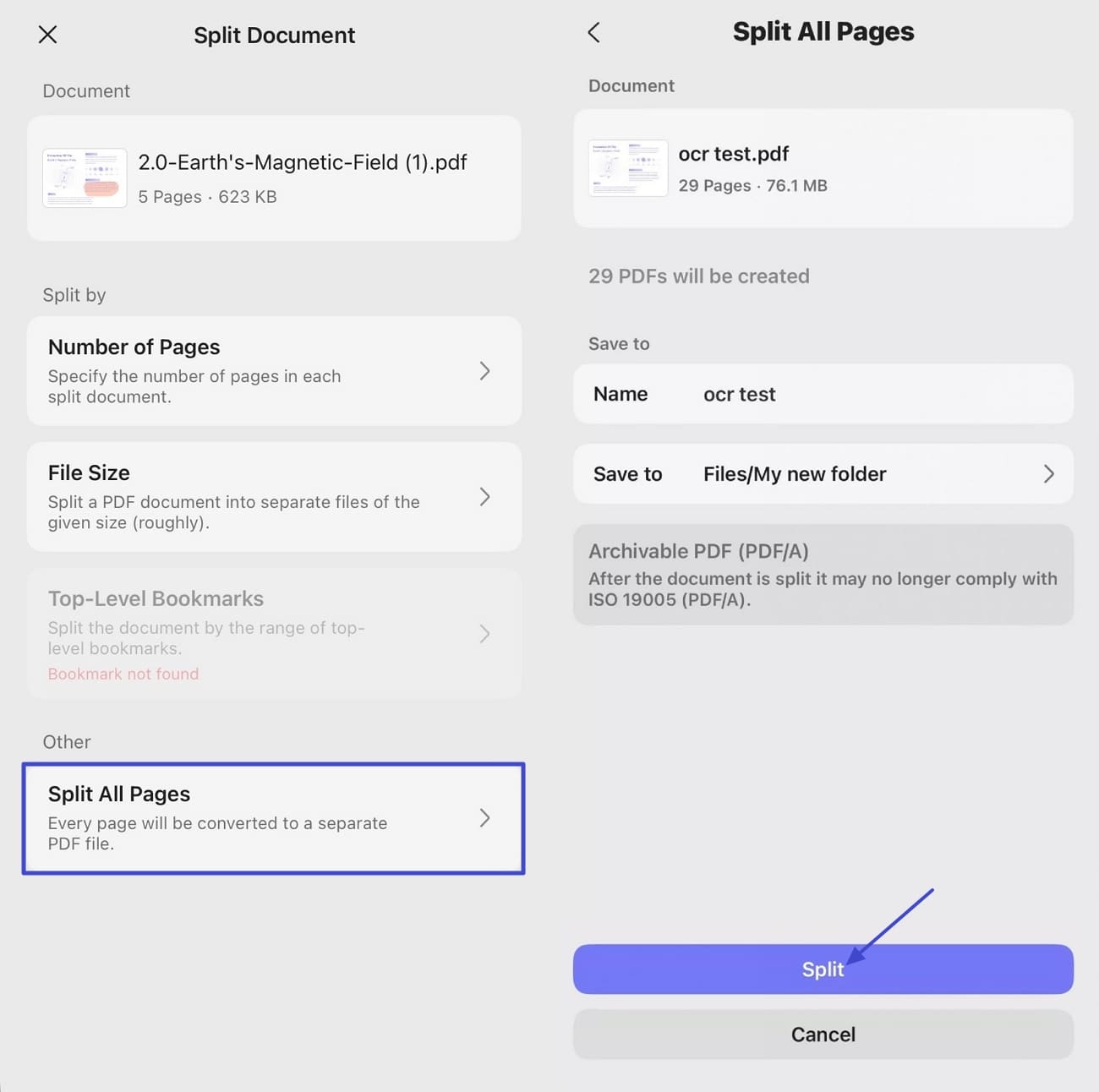 updf ios split all pages option